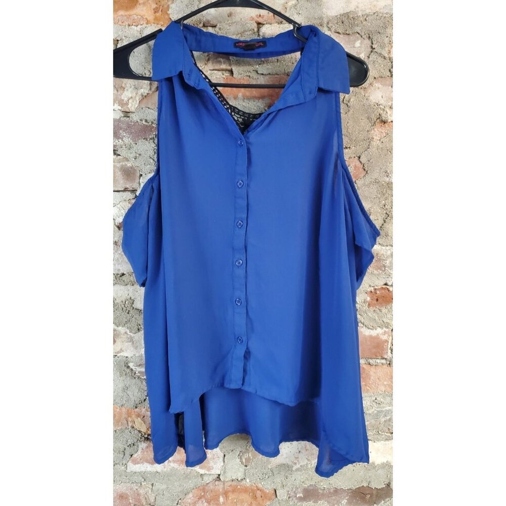 Material Girl Cold Shoulder Blue Button Front Shirt XL Knit Crochet Back